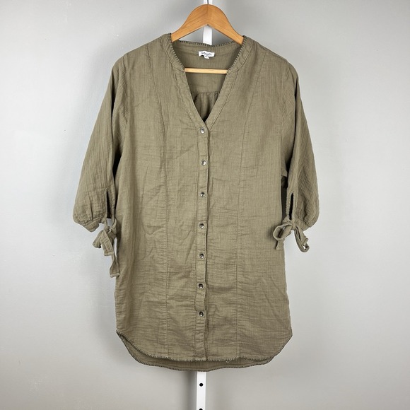 Splendid Double Cloth Tunic Shirt Dress Womens XS Tan‎ Olive Tie Sleeve Cotton - Picture 1 of 5
